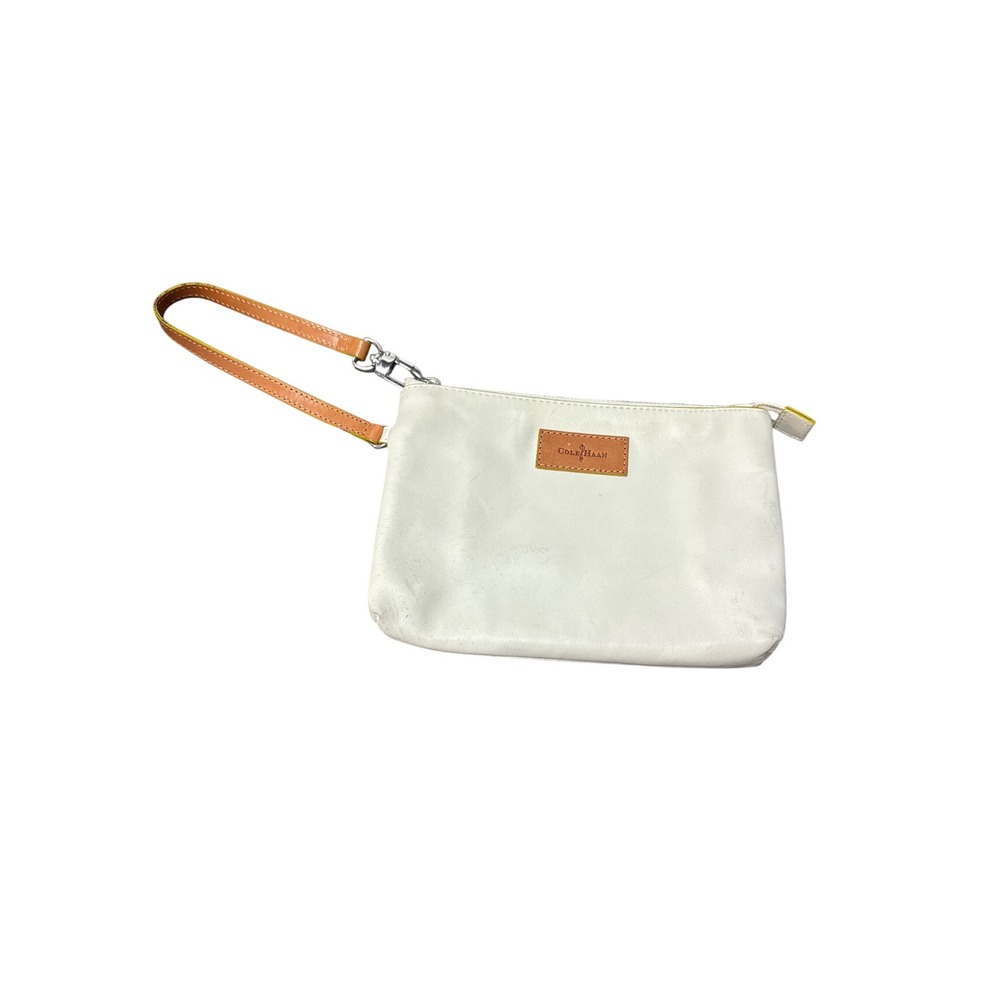 Cole Haan White Leather Wristlet Clutch Tan Strap Yellow Trim Turquoise Interior
